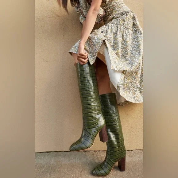 Loeffler Randall Tall Goldy Leather Croc Forest Green Heel Knee Boot Pull On 6 - Picture 4 of 14